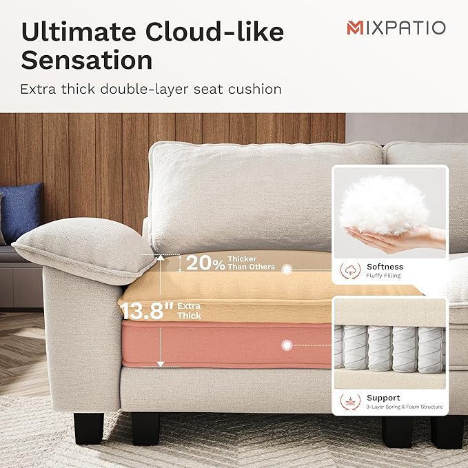 87-Inch L Shaped Sectional Sofa with Cloud Cushions, Deep Seat Modular Couch Set w/ 3 Seats & 1 Ottomans, Removable Arms, Plush Chenille Upholstery for Living Room, Apartment - Beige