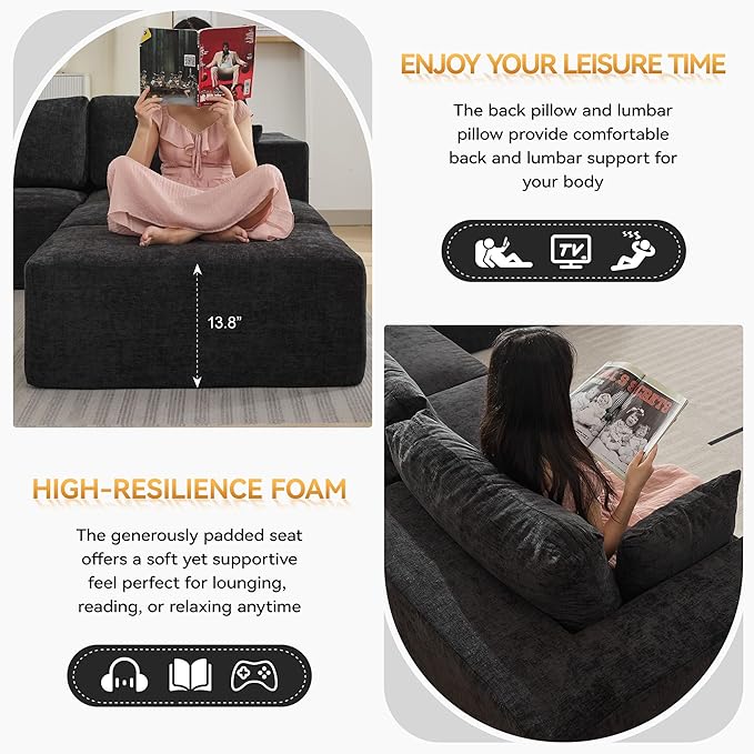 83'' Boneless Loveseat Sofa, Comfy Deep Seat Sectional Cloud Couch, No Assembly Chenille Love Seat for Living Room, Black