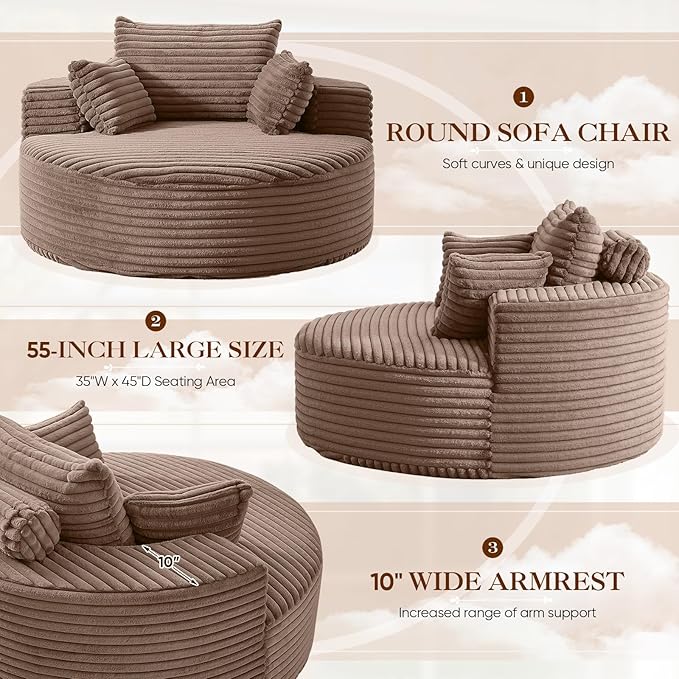 Oversized Round Chaise Longue Chair Indoor, Modern 55-inch Upholstered Corduroy Deep Seat Circle Single Cloud Lounge Floor Sofa Chair for Living Room, Bedroom Apartment, Brown