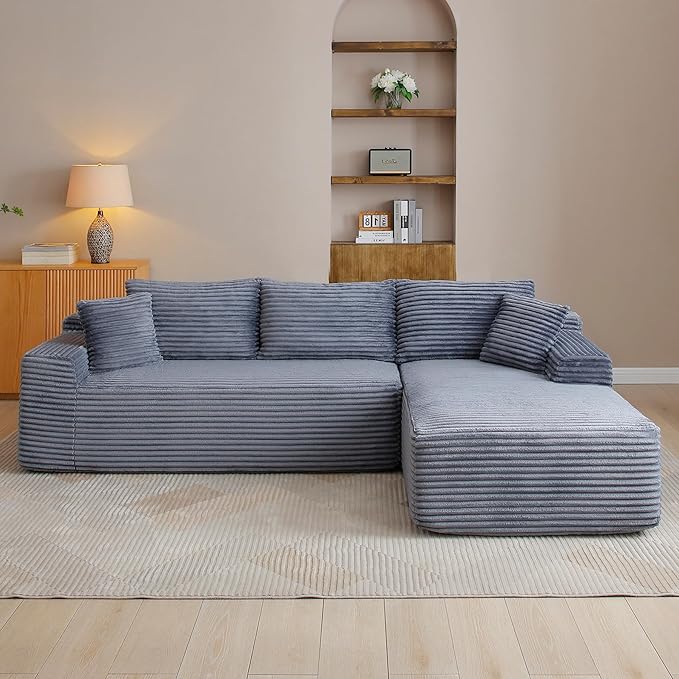 95" Boneless Cloud Sectional Couches for Living Room, Comfy Fluffy L Shaped Memory Foam Deep Seat Boneless Couch, Modular Sectional Sofa with Right Facing Chaise, Grey
