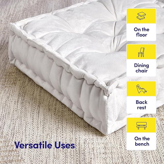 Floor Pillow Large Square Tufted Decorative Cushion 20" x 20" Faux Velvet Fabric Ultra Thick Fill for Kids and Adults, 1 Pack, Ivory