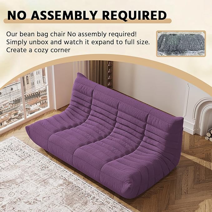 Bean Bag Chair, Fireside Chair, Large Bean Bag Chair for Adults, Bean Bag Chairs for Teens with High-Resilience Foam, Non-Slip Base Floor Lounge Sofa,Living Room (Purple, 3-Seater)