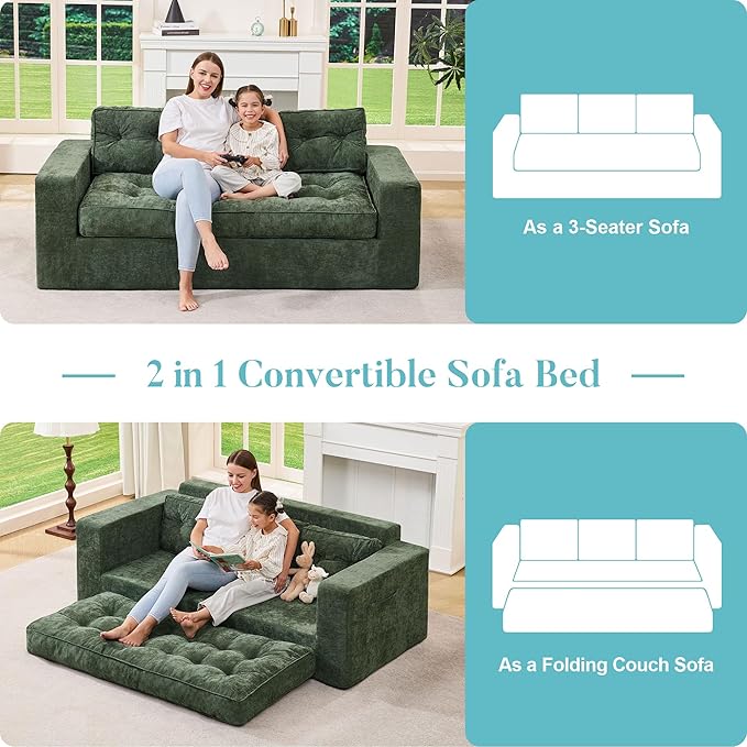 Hobestluk 3-Seater Sofa Boneless Couch with Tufted Button Design 2 in 1 Comfy Cloud Couch Oversized Sofa for Living Room Bedroom Apartment or Office (Green, 3 Seater)