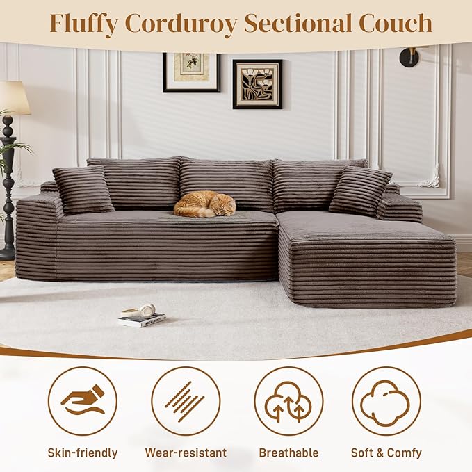 95" Boneless Cloud Sectional Couches for Living Room, Comfy Fluffy L Shaped Memory Foam Deep Seat Boneless Couch, Modular Sectional Sofa with Right Facing Chaise, Brown