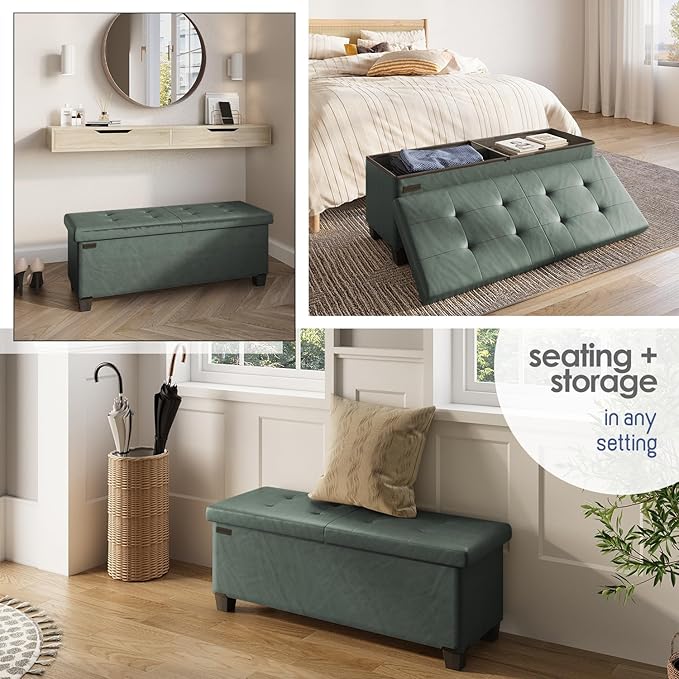Storage Ottoman Bench with Bins, 43-in Storage Bench for Bedroom End of Bed, Folding Foot Rest Ottoman for Living Room Max 660lbs, Faux Leather Ottomans, Green