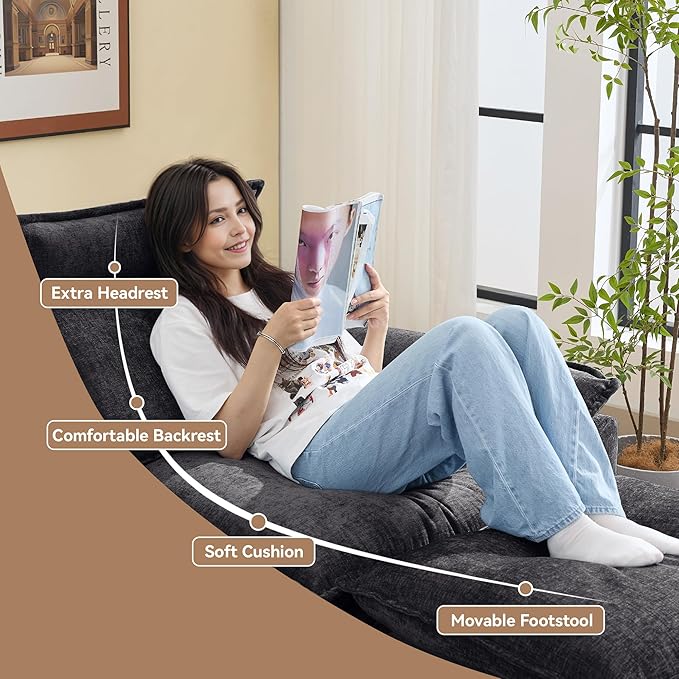46''Cloud Sofa Chair with Detachable Headrest, Oversized Upholstered Arm Accent Chair with Ottoman, Modern Chenille Reading Lounge Comfy Armchair for Living Room,Bedroom, Dark Grey