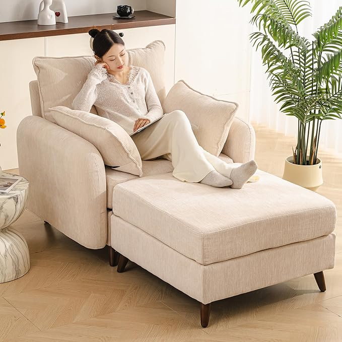 Oversized Accent Chair with Ottoman,All Seats Storage,Comfy Big Armchair,24.5'' Deep Seat,Upholstered Living Room Chairs,Reading Chair,Lounge Chair for Bedroom,Office,Chenille,Cream