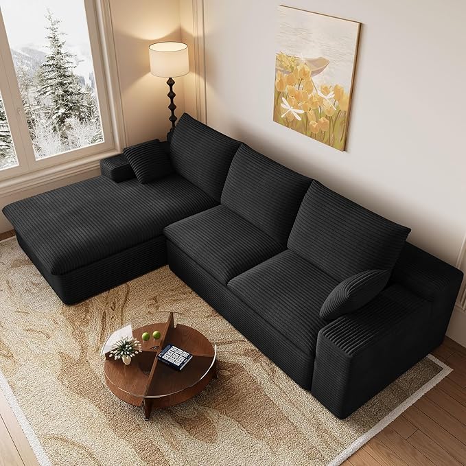 107 Inch Cloud Sectional Couch, Modern Modular Sectional Sofa with L-Shape Chaise, Corduroy Boneless Couches with Deep Seat for Living Room Bedroom, No Assembly Required (Black, Left Facing Chaise)