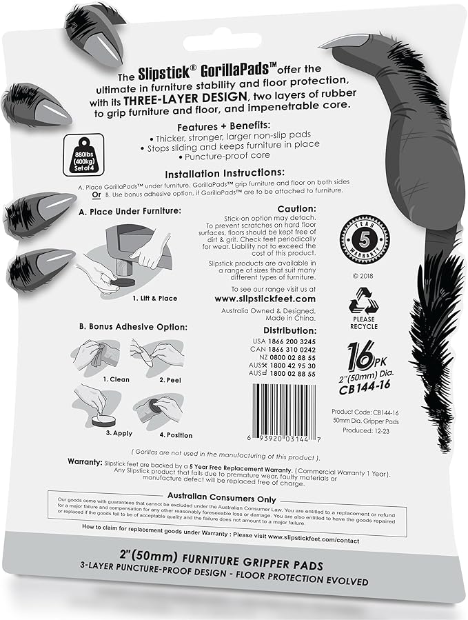 GorillaPads Non Slip Furniture Pads/Floor Grippers (Set of 16 Grips) 2 Inch Round Floor Protectors for Under Furniture, Black, CB144-16