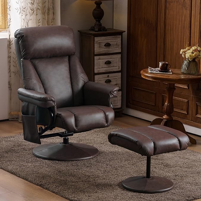 MCombo Swivel Recliner with Ottoman, TV Chair with Vibration Massage, Ideal for RV Small Space, Living Room & Bedroom 4539 4828 (Faux Leather, Dark Brown)
