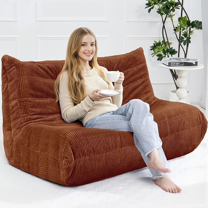 Bean Bag Chair,Giant Beanbag Chairs for Adults,Comfy Large Fireside Chair Lazy Sofa,Corduroy Bean Bag Lounger with Memory Foam Filled,Floor Sofa Couch for Home,Living Room (Brown, Loveseat)