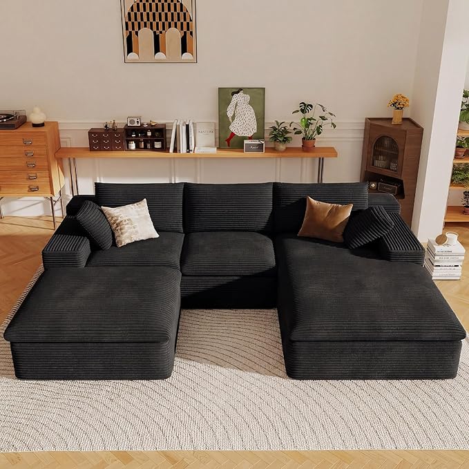 107" Cloud Sectional Couch with U-Shaped Chaise,Corduroy Viral Boneless Sofa with Ottoman,Memory Foam Couches in a Box with Deep Seat for Living Room,No Assembly Required (Black,Right-Facing Chaise)