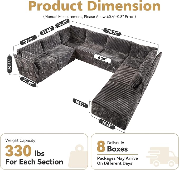 CAODOC Large 8 Seat Modular Sectional Sofa with Ottoman Seat Corduroy Sleeper Sectional Sofa Bed Oversized Convertible Modular Couch for Living Room