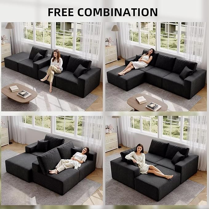 110" Boneless Cloud Sectional Sofa, Modular L-Shaped Couch with Deep Seats, Compressed Frameless Corduroy Sofa in Boxes, No Assembly Required, 3-Seater Left-Facing Chaise, Black