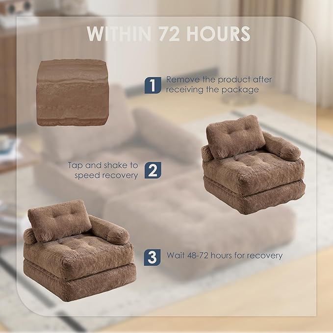 Folding Sofa Bed with Armrest,Convertible Sleeper Chair for Adults, Folding Sofa Bed Foam Filling Couch with Pillow，Sleeper Chairs Single Size Floor Mattress,Brown