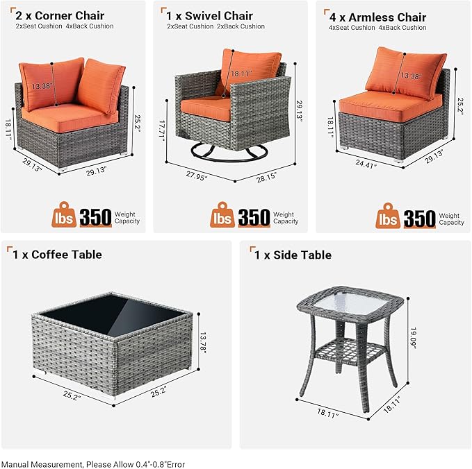 ovios Outdoor 9 Piece Coversation Set with Swivel Rocking Chair,Sectional Patio Furniture Set with All-Weather Wicker Sofa,Modern Outside Couch for Balcony Backyard Pool, Orange
