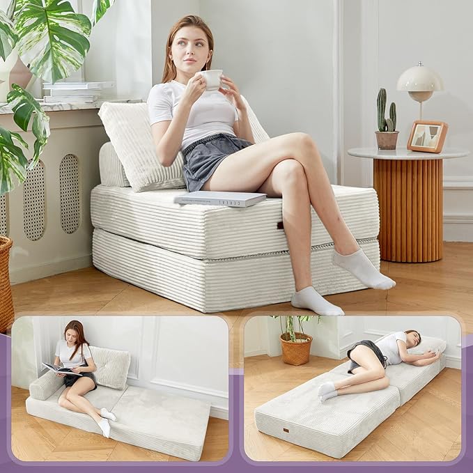 Fold Out Chair Bed, Floor Sofa Bed with High-Density Foam and Pillow Backrest,Portable 3 in 1Folding Chair Bed for Living Room、 Bedroom 、Balcony 、Hotel、 Apartment, Single, Creamy Apricot