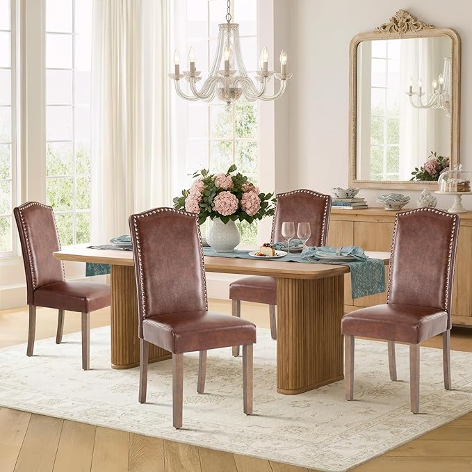 SNUGWAY Upholstered Dining Chair Stylish Parsons Kitchen High Back with Silver Nailhead Trim & Wood Legs, 2-Pack, PU Light Brown