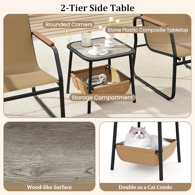 Tangkula 3 Pieces Patio Furniture Set, Outdoor Bistro Conversation Set with Breathable Mesh Fabric and Metal Frame, Front Porch Table and Chairs Set for Balcony, Garden, Lawn and Backyard (Brown)