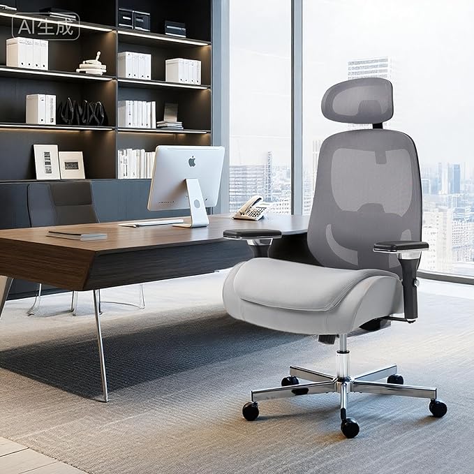 750 LBS Big and Tall Office Chair, Heavy Duty Executive Chair w/4D Arms, Ergonomic Computer Home Desk Chair, Swivel Mesh Chair w/2D Lumbar Support, Adjustable Headrest, Tilt Lock-Grey