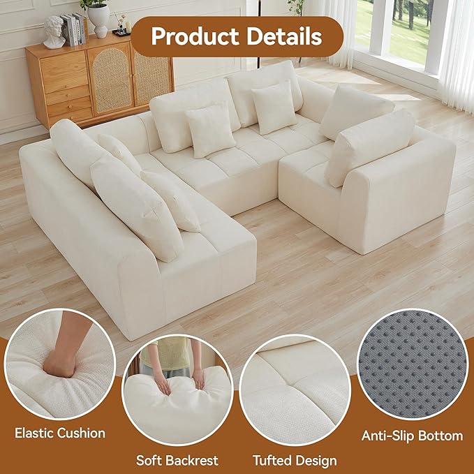 110''Modular Sectional Couches for Living Room, Cloud Boneless Compressed Sectional Sofa, Oversized U Shaped 5 Seater Upholstered Memory Foam Sofa, No Assembly, Chenille Beige
