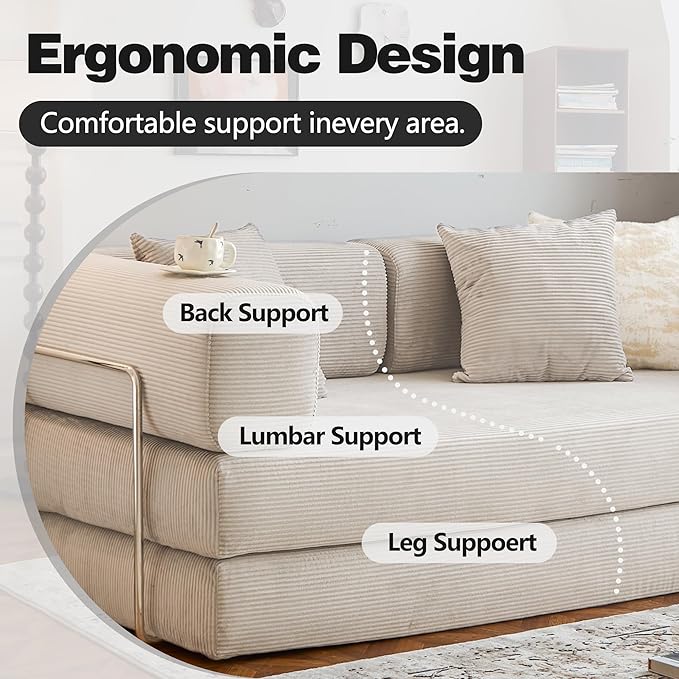 LIAROO 78.8" Convertible Sofa Bed -Compression Sofa with Corduroy Fabric - with Armrests and Backrest - Modular Sectional for Living Room, Bedroom, Studio - Compression Sofa in Box (Beige)