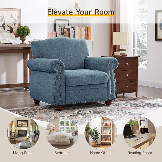 ONBRILL Nailhead Trim Armchair, Rolled Arm Accent Chair for Living Room, Comfy Chenille Club Sofa Chair w/Springs Cushions & Wood Legs, Traditional Single Couch Chair for Apartment, Farmhouse, Teal