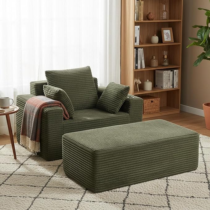 54" W Oversized Chaise Lounge Chair Indoor, Boneless Chaise Lounge Couch, Convertible Comfy Reading Chairs, Corduroy Sleeper Couch Chair for Living Room, Compression Sofa with Ottoman, Green