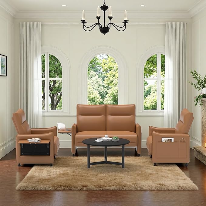 3-Piece Living Room Sofa Set, Faux Leather Loveseat & Accent Chairs Set of 2 with Hidden Foldable Tray & Side Pocket, Front Contour Arm Design, Upholstered Sofa Set for Office, Brown