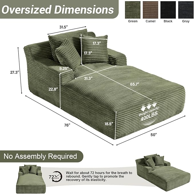 50"W x 76"D Oversized Chaise Lounge Chair Indoor Boneless Reading Chair Plush Corduroy Recliner Large Deep Seat Upholstered Sleeper Comfy Sofa Bed Couch with 3 Pillows for Living Room Bedroom, Green