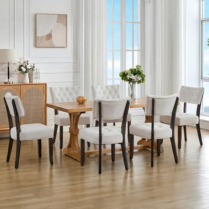 UVV Upholstered Dining Chairs Set of 6, Mid Century Modern Tufted Kitchen Chairs Dining Room Chairs, Velvet Dinner Chair with Wood Legs for Dining Room Kitchen, Beige-Black Legs