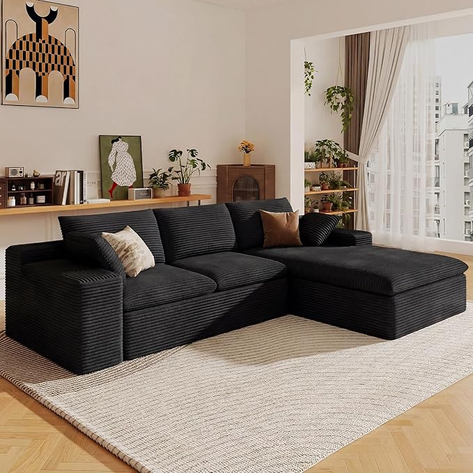 107" Cloud Sectional Couch with L-Shape Chaise, Modern Corduroy Viral Boneless Sofa for Living Room,Memory Foam Couches in a Box with Deep Seat,No Assembly Required (Black,Right-Facing Chaise)