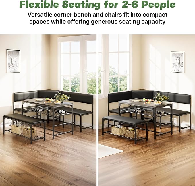 Concho Kitchen Breakfast Nook Table Set with Soft Seat, Corner Dining Table Set for 4-6 People, Dining Room Sets for 4, Space Saving Kitchen Booth Seating with Table for Small Space, Deep Grey