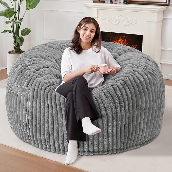 Homguava 4 FT Bean Bag Chair,4' Big Bean Bag,Large Bean Bag Chairs for Adults with Memory Foam Filled,Comfy Beanbag Chairs Soft Bean Bag Sofa with Dutch Corded Plush Cover-Grey