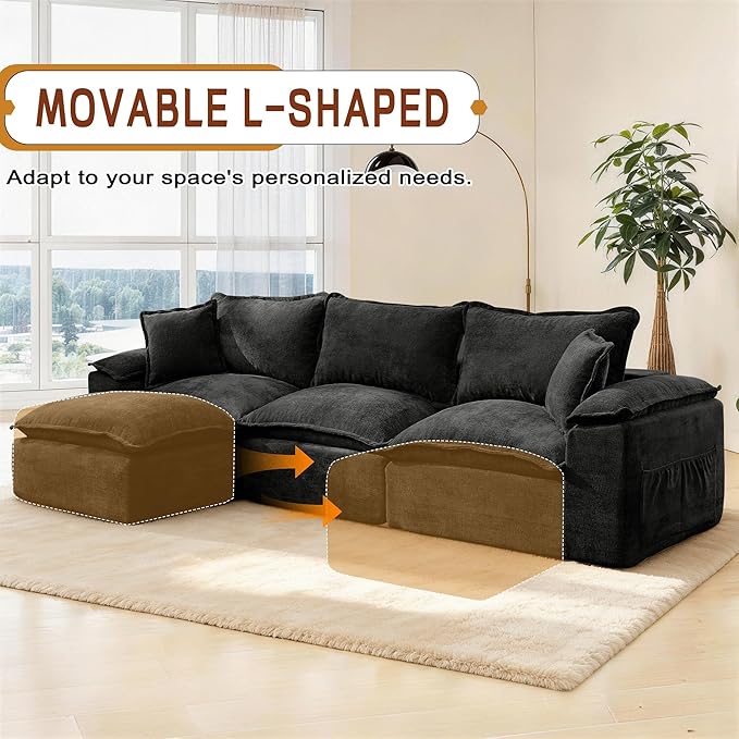 Korser 122" Sectional Couches for Living Room, Modular Boneless Sofa, Cloud Sofa, Fluffy Cushions, Double-Layer Cushioned, with Convertible Ottoman