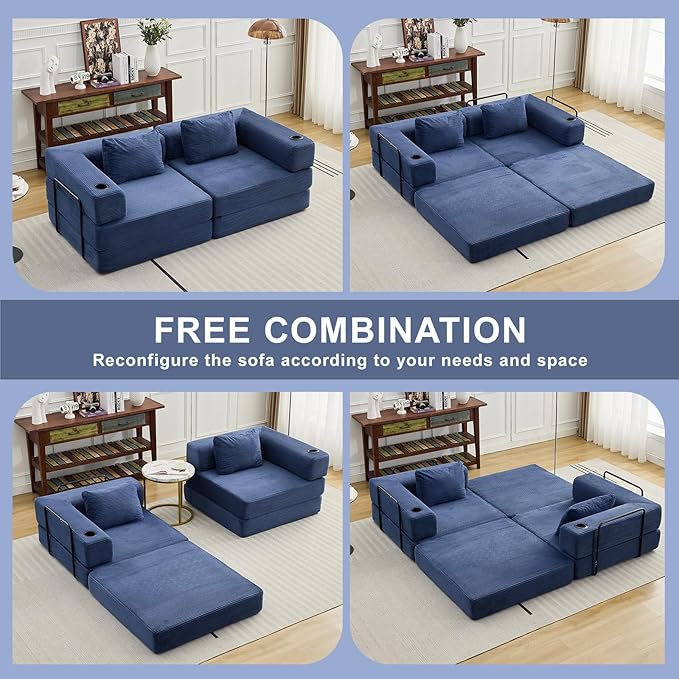 78" Loveseat Sleeper Sofa, 4 in 1 Convertible Floor Sofa Bed, Boneless Cloud Couch with Cup Holder, Fold Out Floor Couch for Living Room Bedroom Lounge, Corduroy, Navy Blue