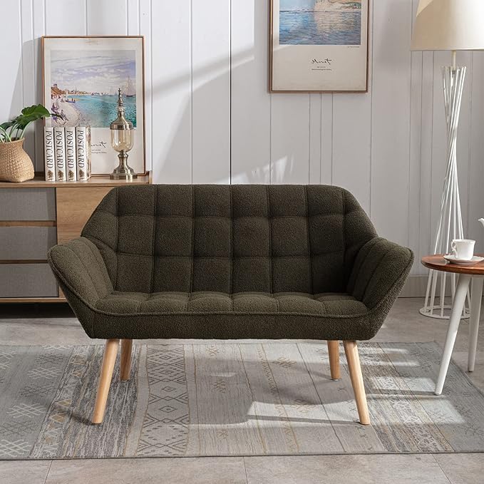 QUINJAY 48" Small Loveseat Sofa, Modern Sherpa Mini Sofa Couch 2-Seater Fluffy Love Seat with Quilting Backs and Wood Legs for Living Room, Bedroom and Small Space, Green
