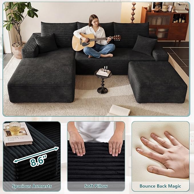 95" U-Shape Cloud Couch, Modern Modular Sectional L-Shape Sofa with Ottoman, Corduroy Upholstered Couches Deep Seat Sleeper Chaise Longue for Living Room, No Assembly Required(Black, Left Facing)