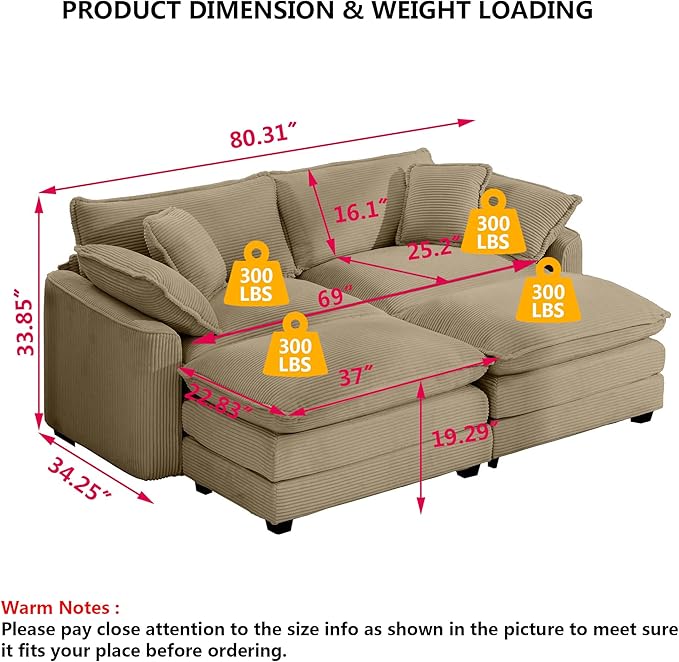 Aoowow Oversized Loveseat Couch with Ottomans,Modern Corduroy 2 Seater Cloud Couches for Living Room,Modular Sectional Cloud Sofas Deep Seat,Double Lounger Sleeper Sofa