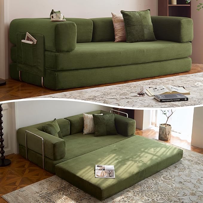 LIAROO 78.8" Convertible Sofa Bed -Compression Sofa with Corduroy Fabric - with Armrests and Backrest - Modular Sectional for Living Room, Bedroom, Studio - Compression Sofa in Box(Green)