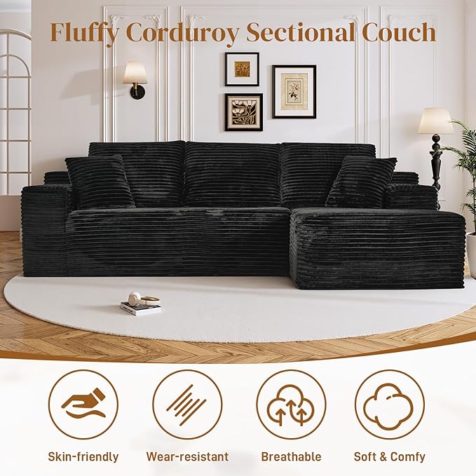 108" Boneless Cloud Sectional Couches for Living Room, Comfy Fluffy L Shaped Memory Foam Deep Seat Boneless Couch, Modular Sectional Sofa with Right Facing Chaise, Black