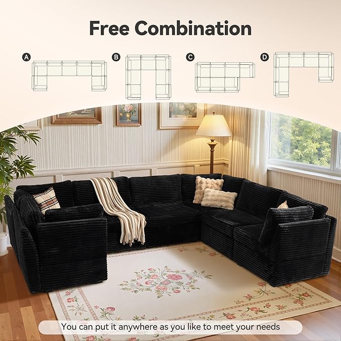 CAODOC Large 7 Seat Modular Sectional Sofa with Ottoman Seat Corduroy Sleeper Sectional Sofa Bed Oversized Convertible Modular Couch for Living Room