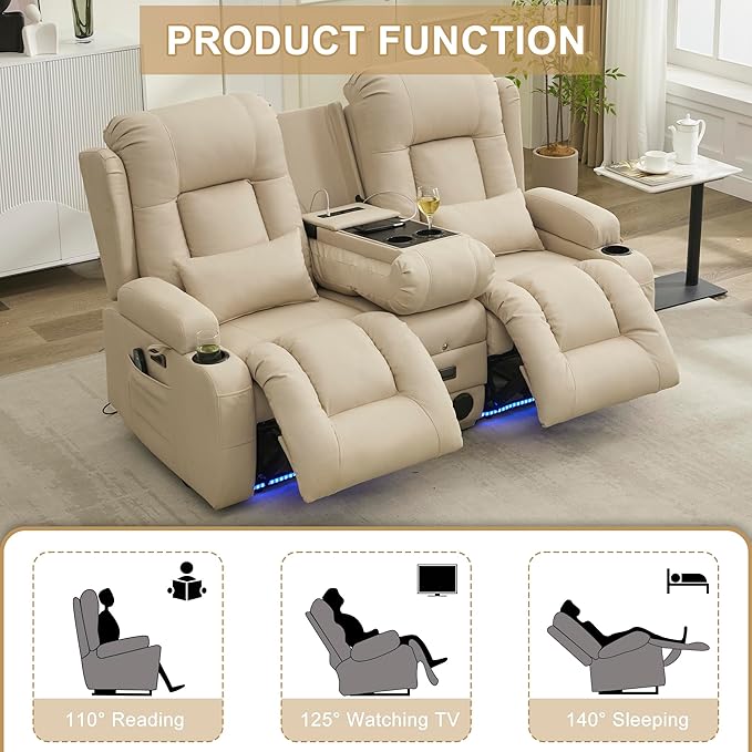 URRED Loveseat Recliner Sofa with Massage and Heat, Power Reclining Loveseat Sofa RV Couch with Console, Home Theater Seating with LED Lights, Bluetooth Speakers, USB, Outlets, Leathaire Beige