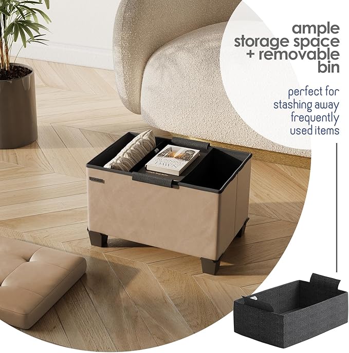 Storage Ottoman Cube with Small Bin, 16-in Square Ottoman with Storage for Living Room and Bedroom, Small Ottomans Foot Rest, Faux Leather Foot Stools Ottomans Max 330lbs, Taupe