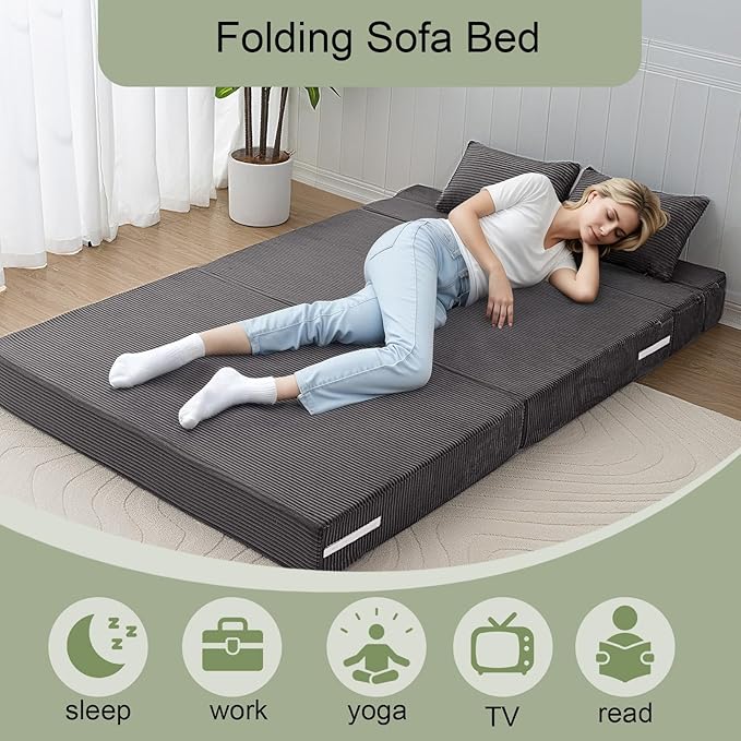 MeMoreCool Boneless Folding Sofa Bed Full, Corduroy Convertible Sleeper Chair, Foldable Foam Mattress Chair, Comfy Fold‑Out Futon Couch Bed, Large Floor Sofa Couch for Living‑Room Guest