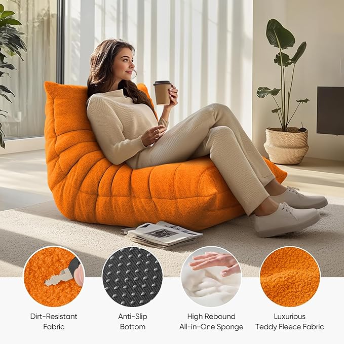 cebihy Premium Quality Fireside Togo Sofa Bean Bags Chair for Adults Giant BeanBag Chairs Floor Couch for Living Room Bedroom Dorm Office, Compression Togo Couch, No Assembly Required, Bright Orange