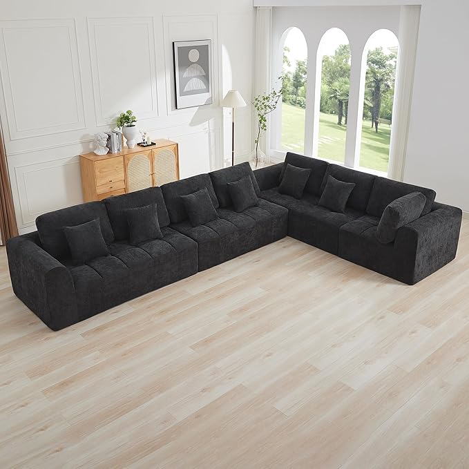 170''Modular Sectional Couches for Living Room, Cloud Boneless Compressed Sectional Sofa, Oversized L Shaped 7 Seater Upholstered Memory Foam Sofa, No Assembly, Chenille Black