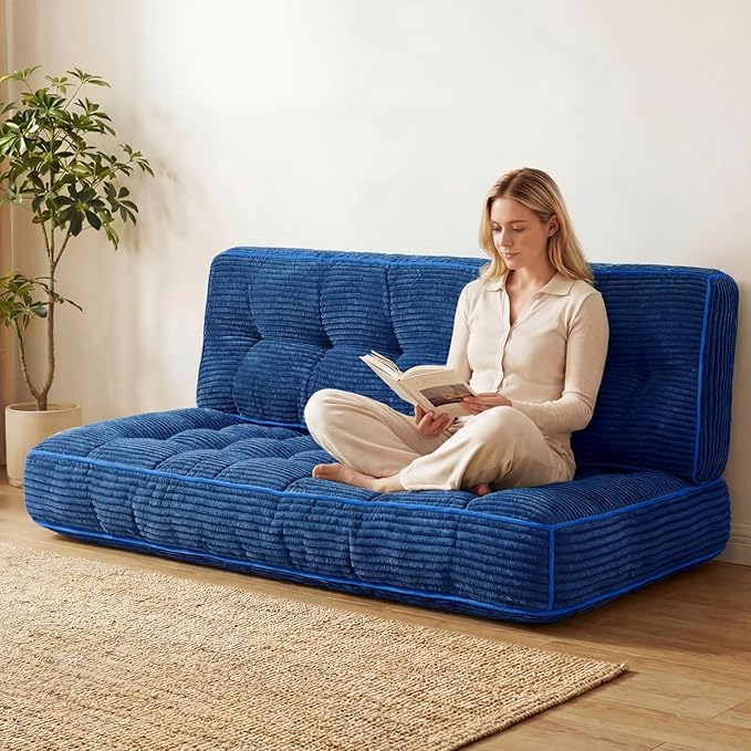 Vercraft 63 Inch Folding Bench Cushion, 4 Inch Thick 2-in-1 Convertible Long Floor Lounger Boneless Cushions Couch Mattress Upholstered for Yoga, Reading, Sleeping, Meditation Living Room(Navy)