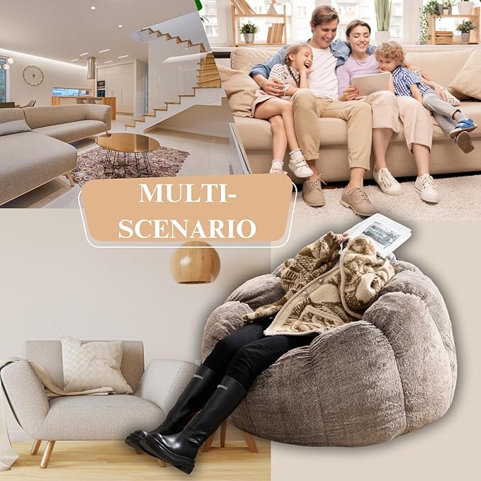 LukeAlon Faux Fur Bean Bag Chair with Filler & Petal Armrest - 44" Extra Large Fluffy Floor Sofa Chair for Adults - Soft Comfy Lounge Chair for Bedroom, Living Room, Game Room (Brown)