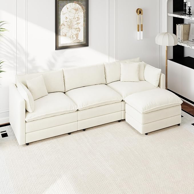 Aoowow Modular Sectional Sofa Modern Convertible L Shaped Couch,112.2 Inch Deep 3-Seater Sofas Set Comfy Chenille Cloud Sofas and Couches with Movable Ottoman for Living Room Apartment（Beige）